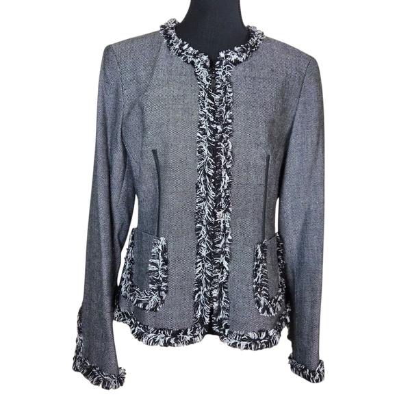 Bianca Nygard Women's Black and White Tweed Blazer with Frayed Fringe Size 12 - Picture 1 of 7